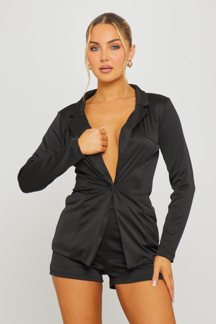 Valantomode | Chic Black Plunge Blazer & Shorts Set for Effortless Style