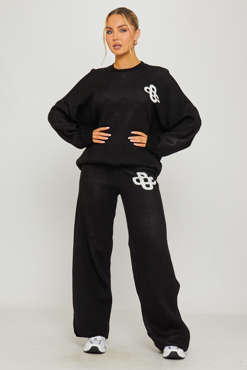 Valantomode | Cozy Black Knit Oversized Sweater & Joggers Set