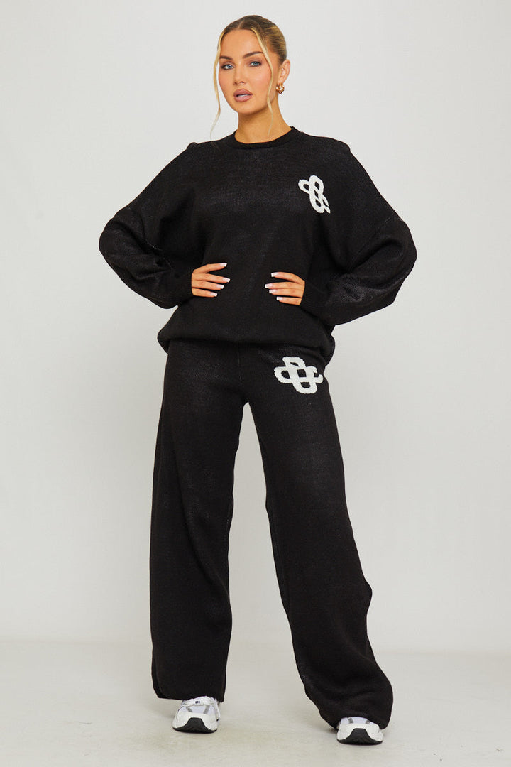 Valantomode | Cozy Black Knit Oversized Sweater & Joggers Set