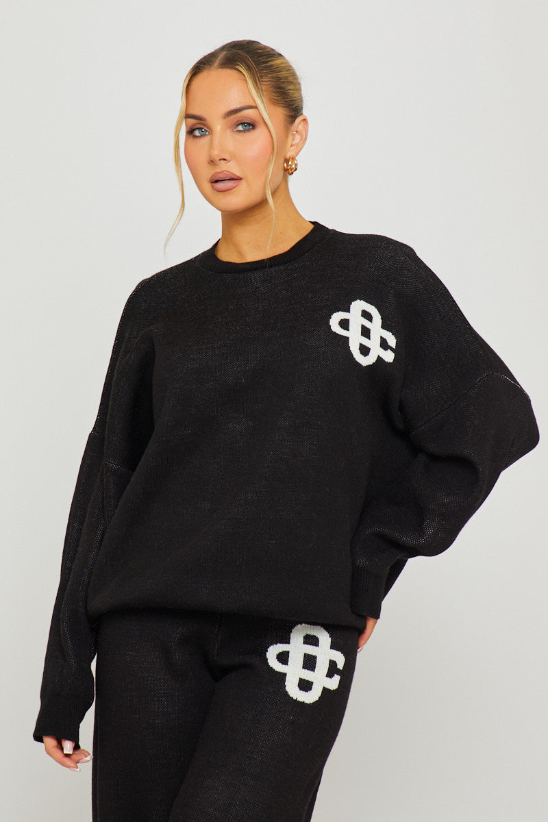 Valantomode | Cozy Black Knit Oversized Sweater & Joggers Set