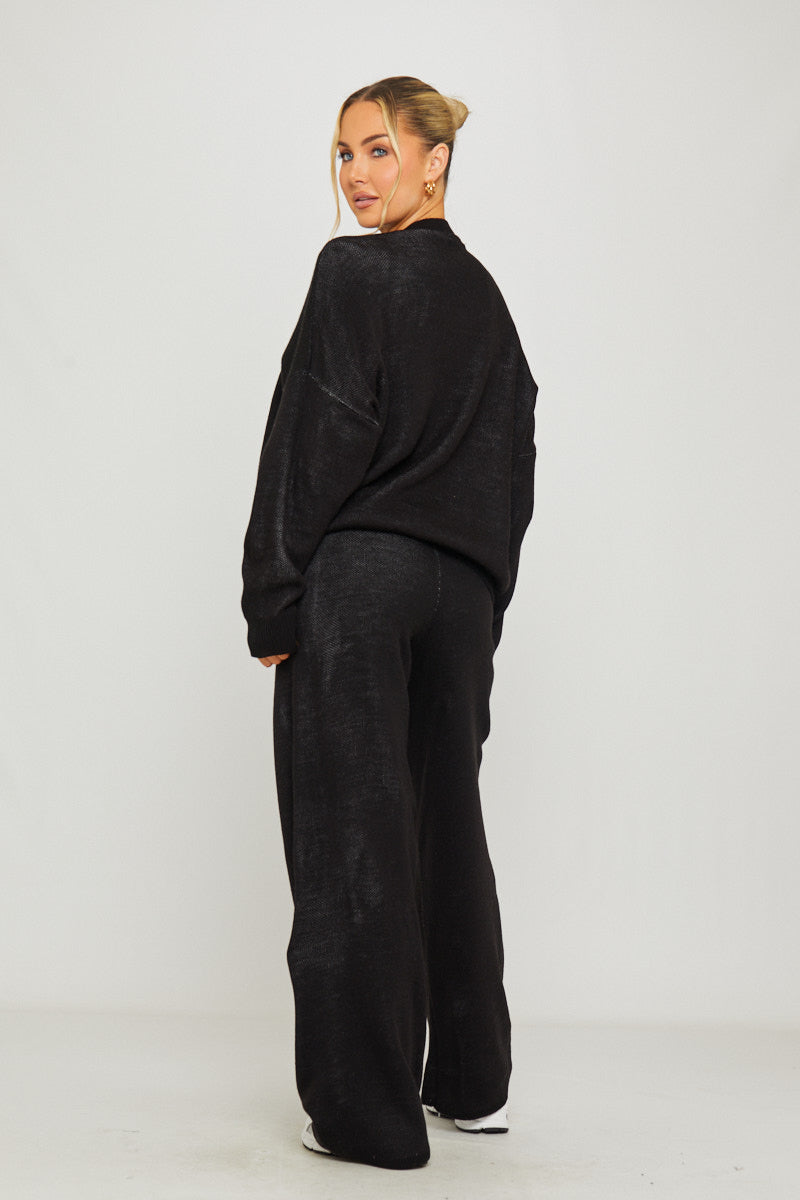 Valantomode | Cozy Black Knit Oversized Sweater & Joggers Set