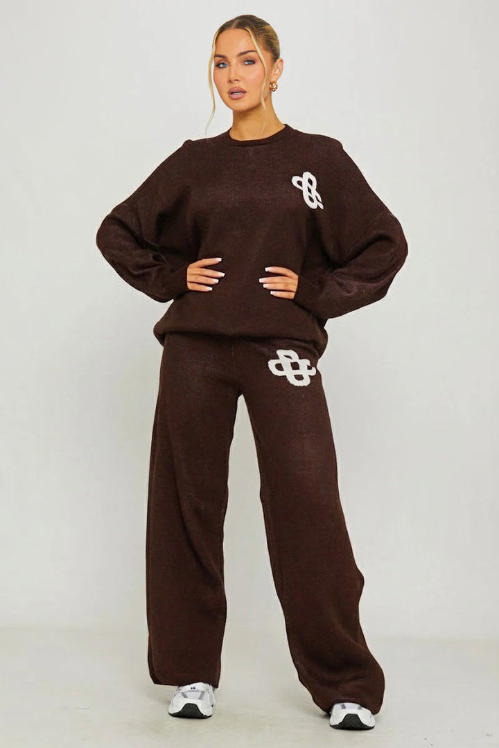 Valantomode | Cozy Brown Knit Sweater & Joggers Set with Swirl Design