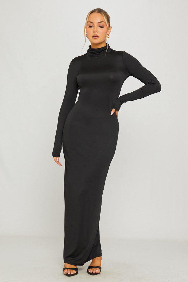 Valantomode | Chic Black Turtleneck Bodycon Maxi Dress for Elegance
