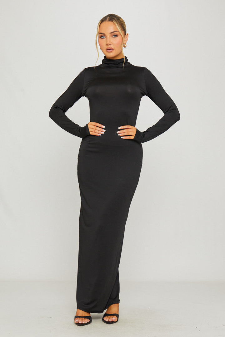 Valantomode | Chic Black Turtleneck Bodycon Maxi Dress for Elegance