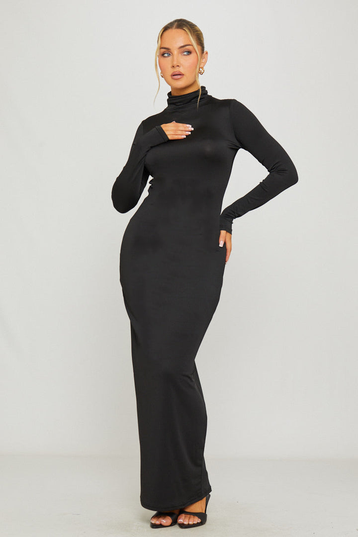 Valantomode | Chic Black Turtleneck Bodycon Maxi Dress for Elegance