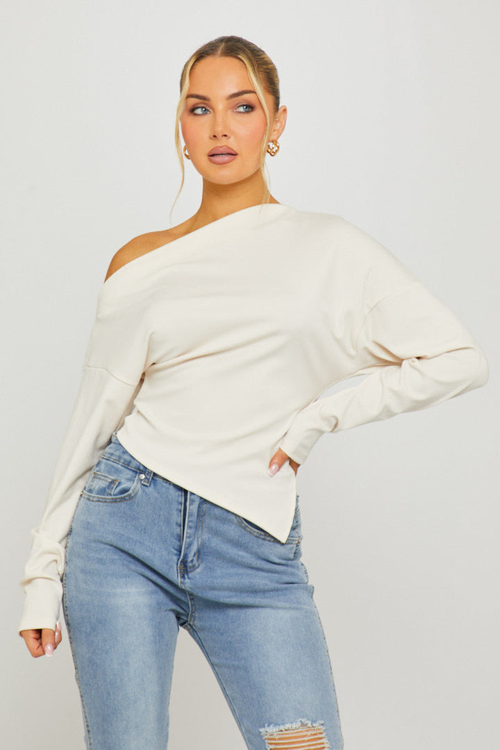 Valantomode | Chic Cream Asymmetric One-Shoulder Long Sleeve Top
