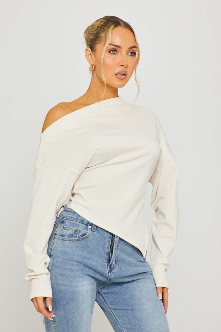 Valantomode | Chic Cream Asymmetric One-Shoulder Long Sleeve Top