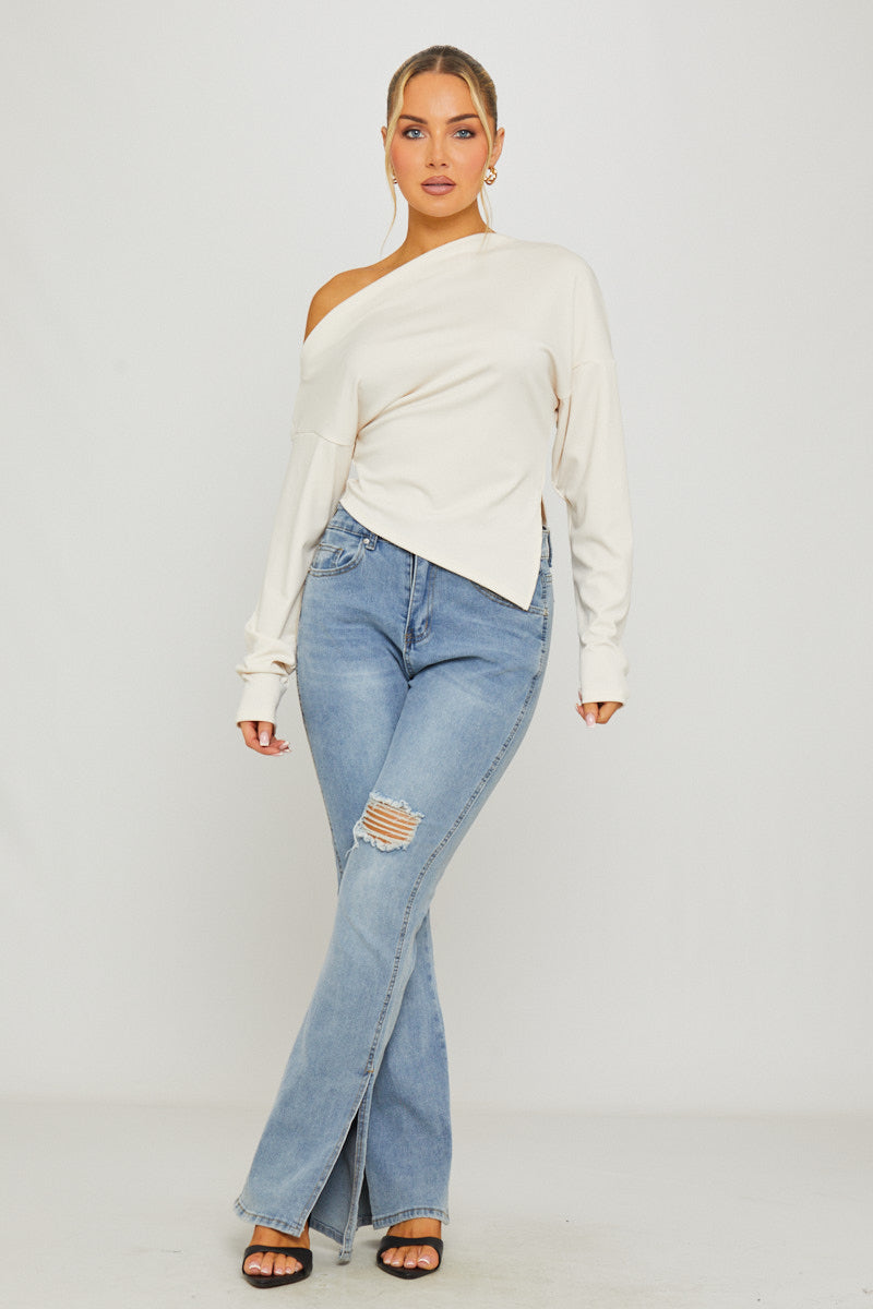 Valantomode | Chic Cream Asymmetric One-Shoulder Long Sleeve Top