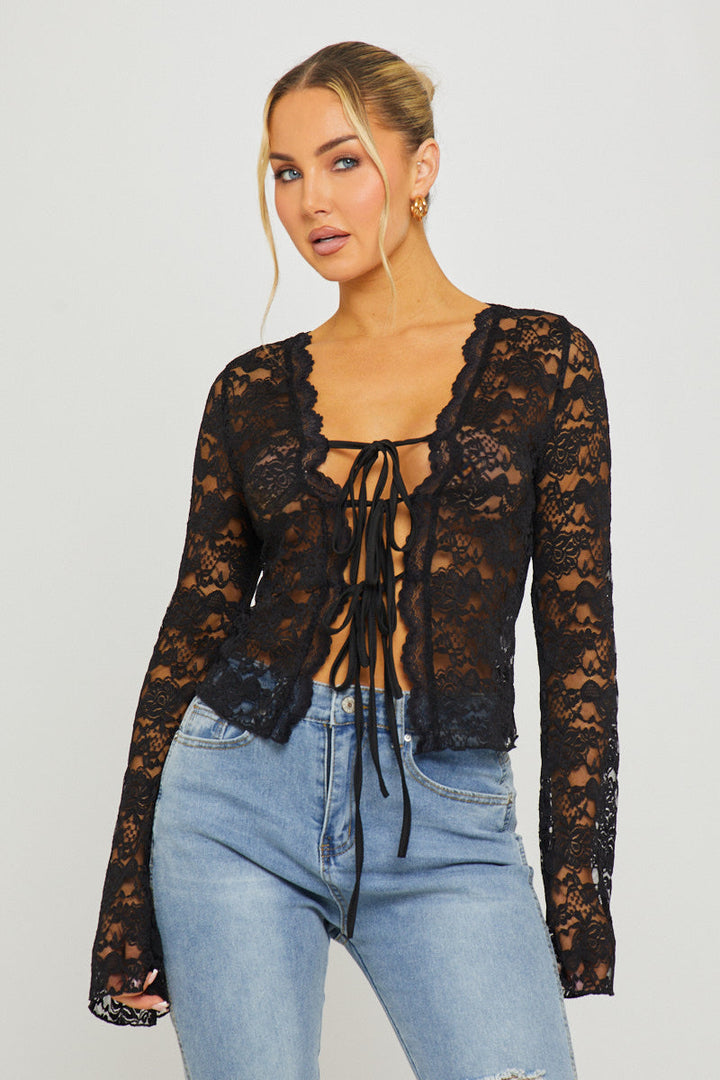 Valantomode | Chic Black Lace Tie-Front Flared Sleeve Blouse