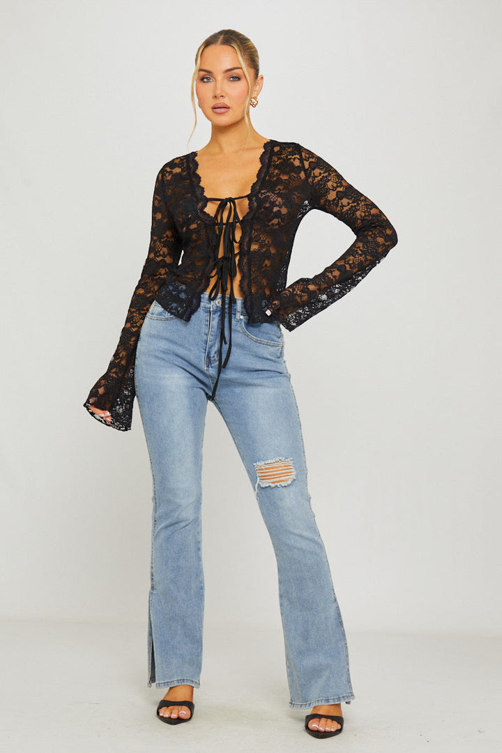 Valantomode | Chic Black Lace Tie-Front Flared Sleeve Blouse