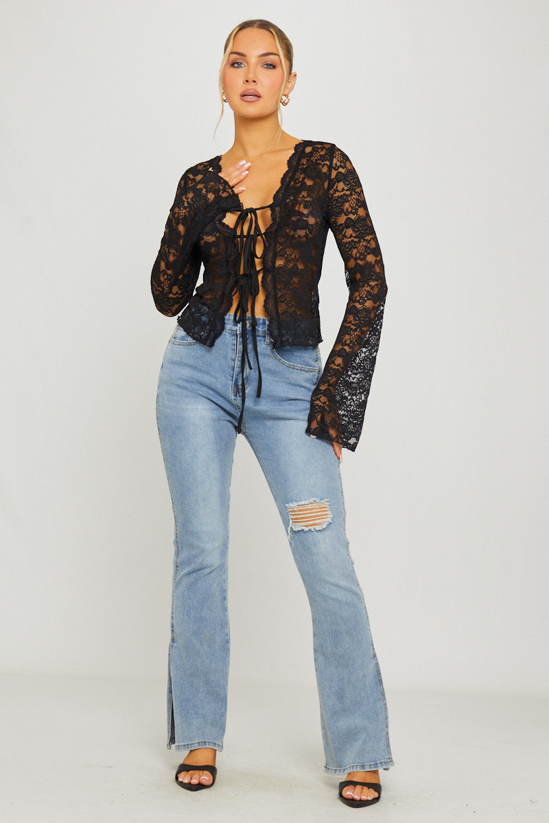 Valantomode | Chic Black Lace Tie-Front Flared Sleeve Blouse