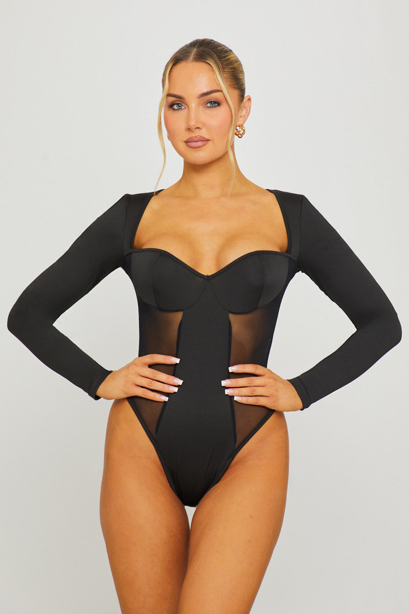 Valantomode | Chic Black Square Neck Long Sleeve Bodysuit