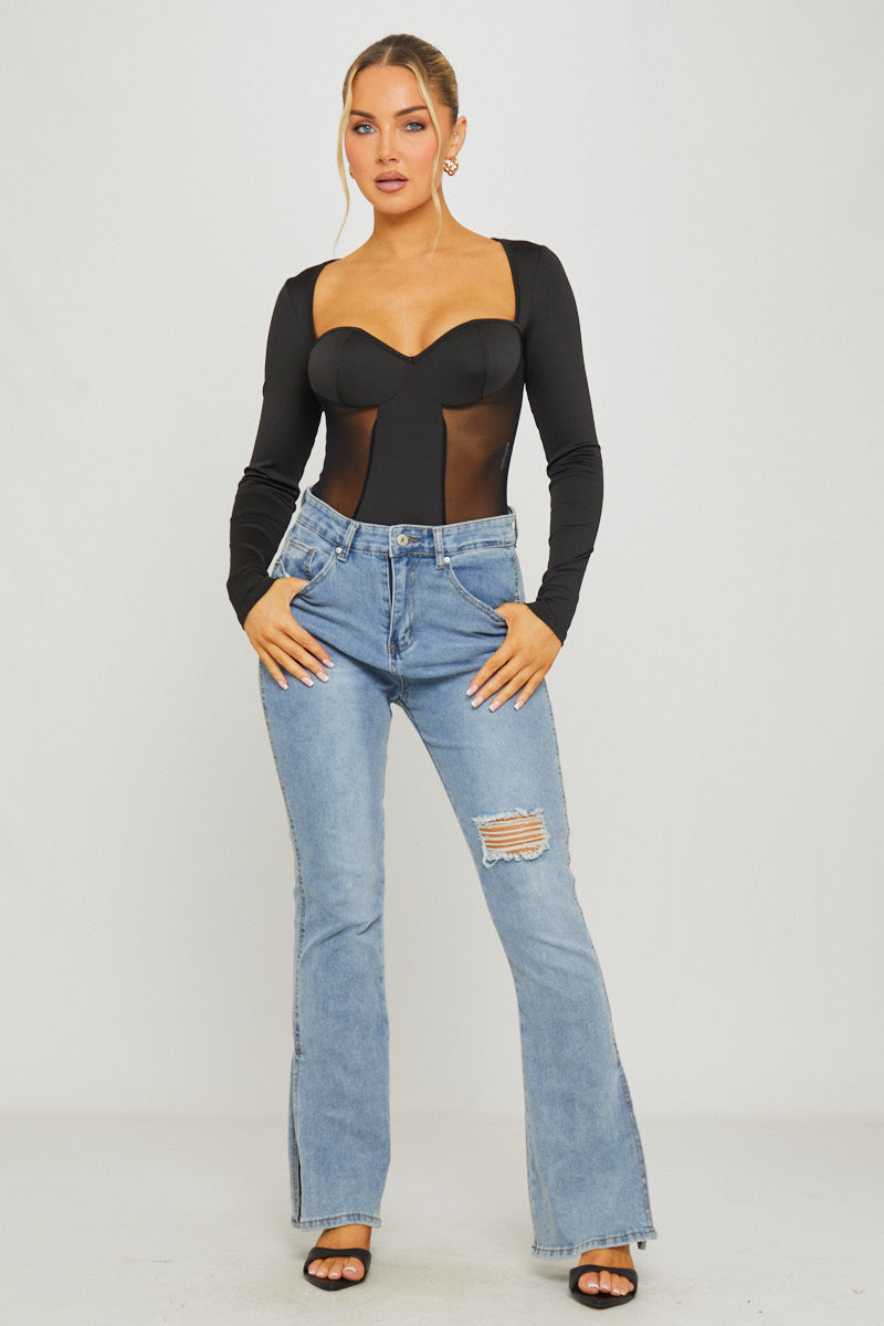 Valantomode | Chic Black Square Neck Long Sleeve Bodysuit