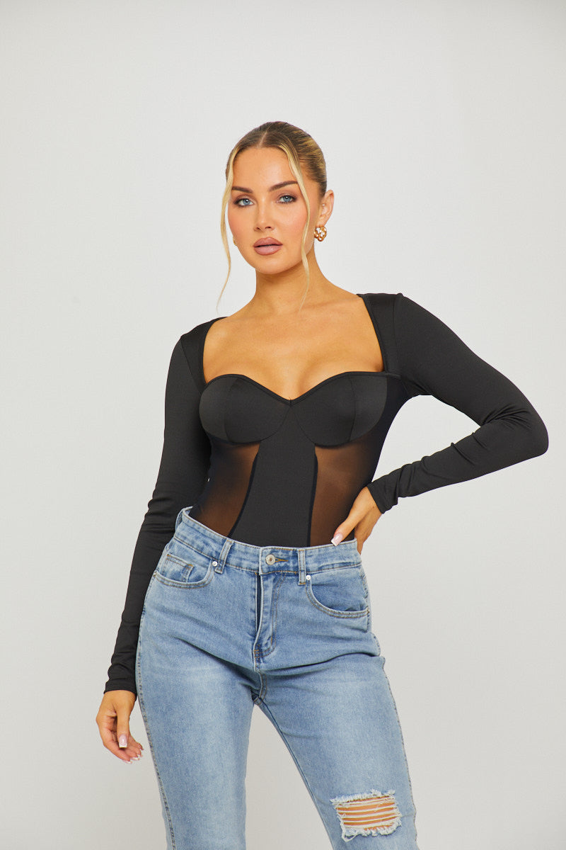 Valantomode | Chic Black Square Neck Long Sleeve Bodysuit