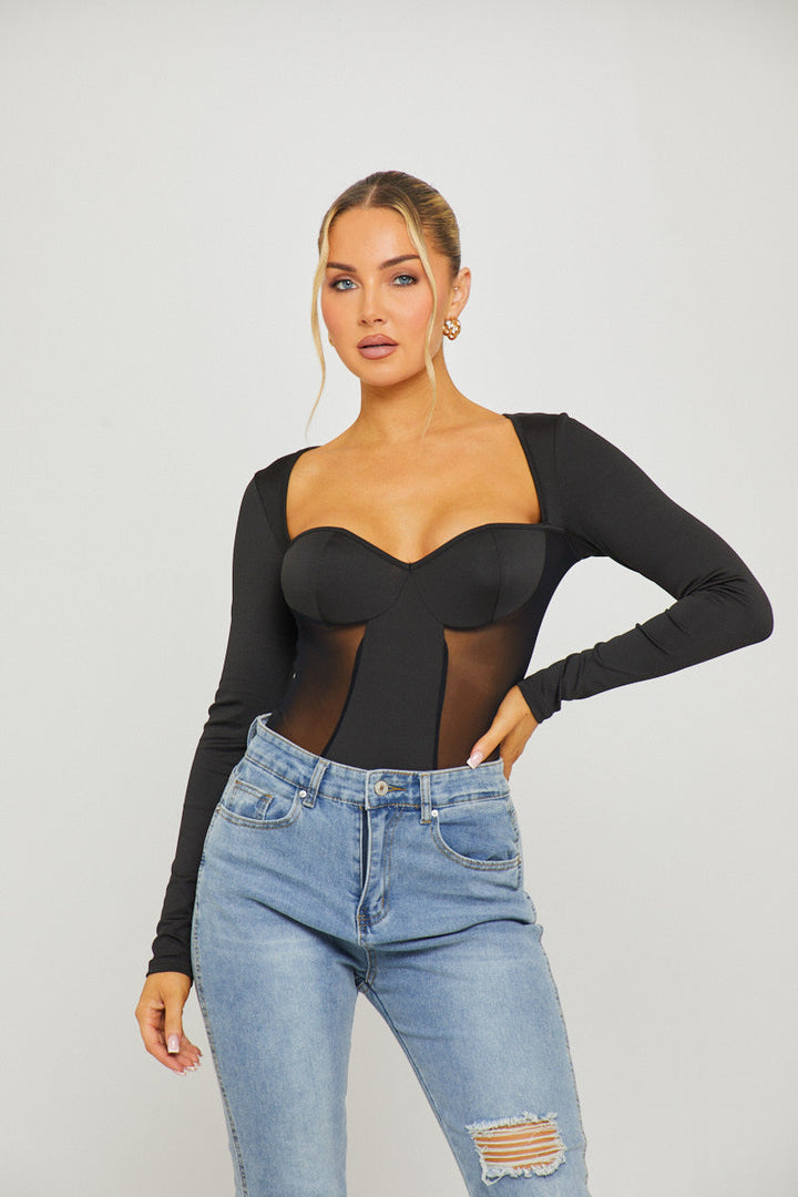 Valantomode | Chic Black Square Neck Long Sleeve Bodysuit