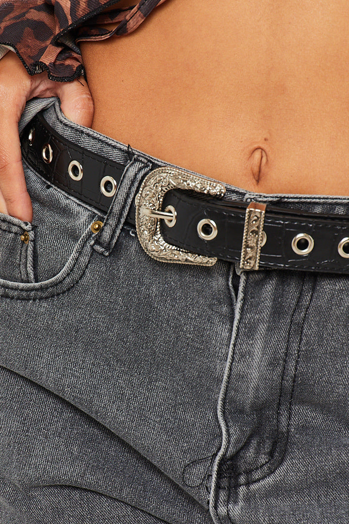 Valantomode | Stylish Black Faux Alligator Leather Western Belt