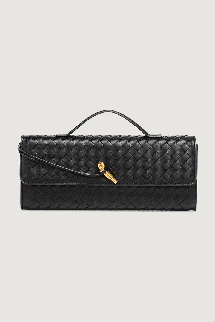 Valantomode | Chic Black Woven Faux Leather Clutch with Top Handle