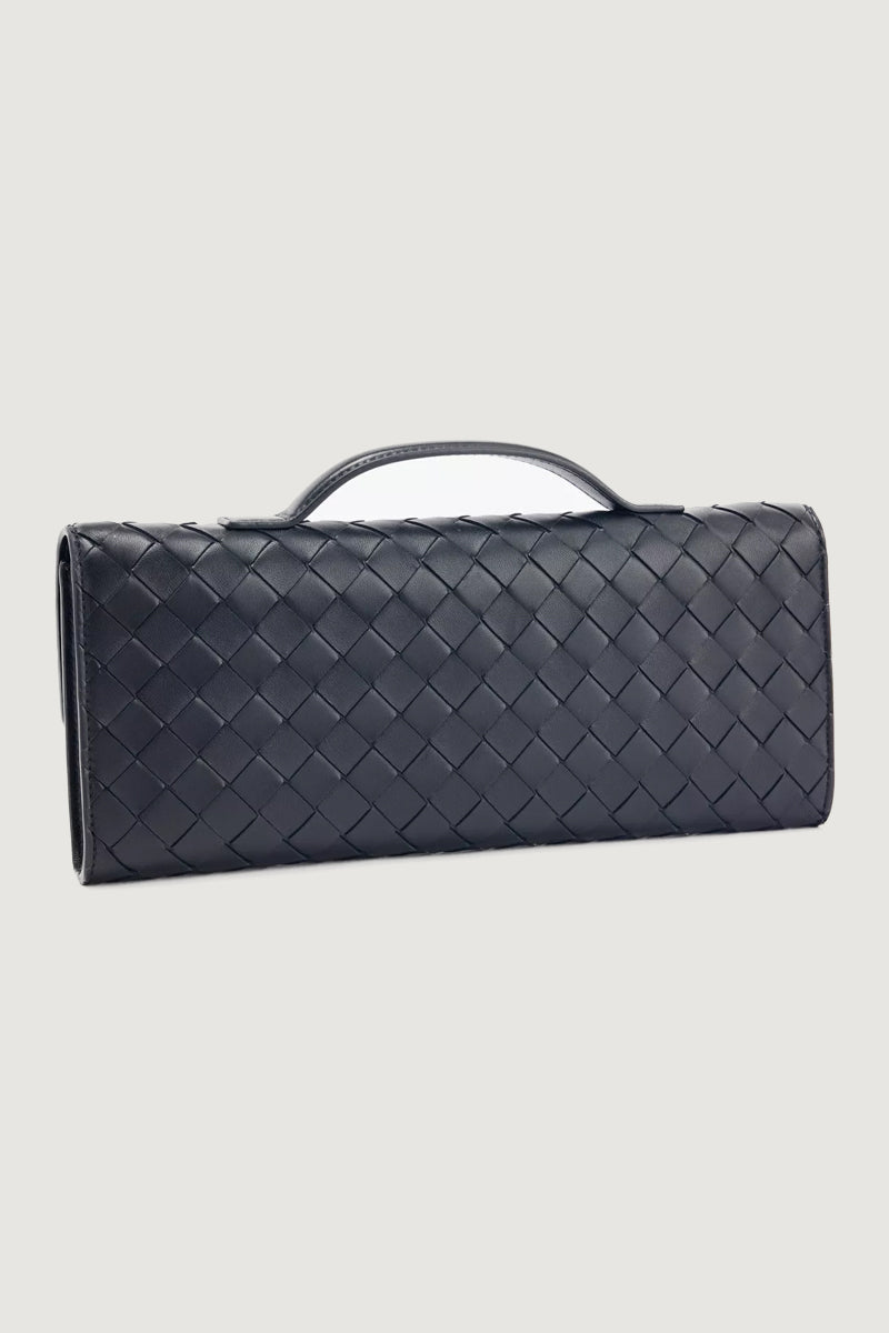 Valantomode | Chic Black Woven Faux Leather Clutch with Top Handle