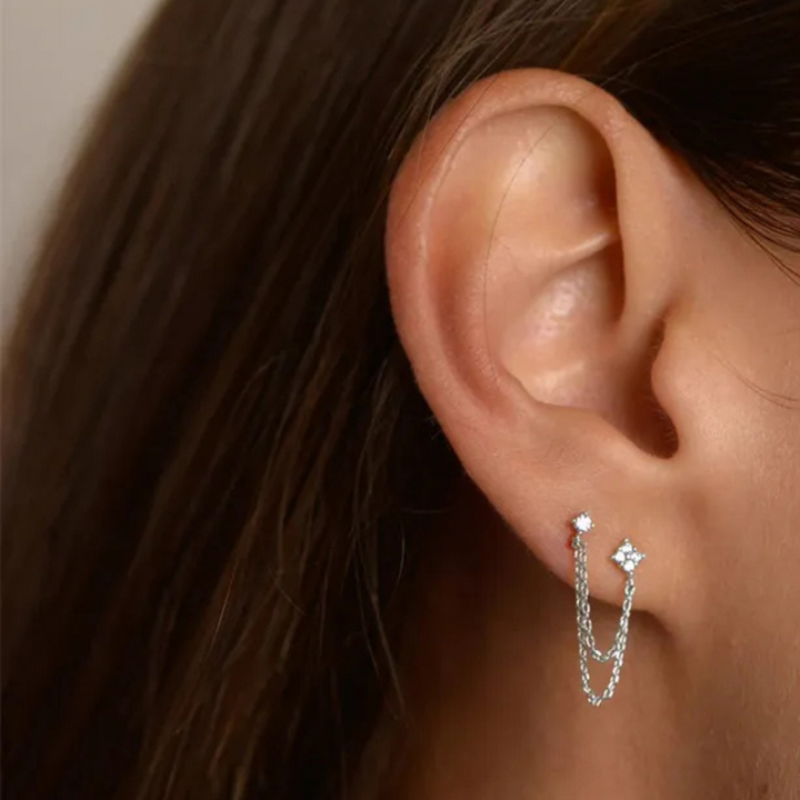 Valantomode | Gold Plated S925 Sterling Silver Mica Link Earrings with Asymmetric Chain Architecture