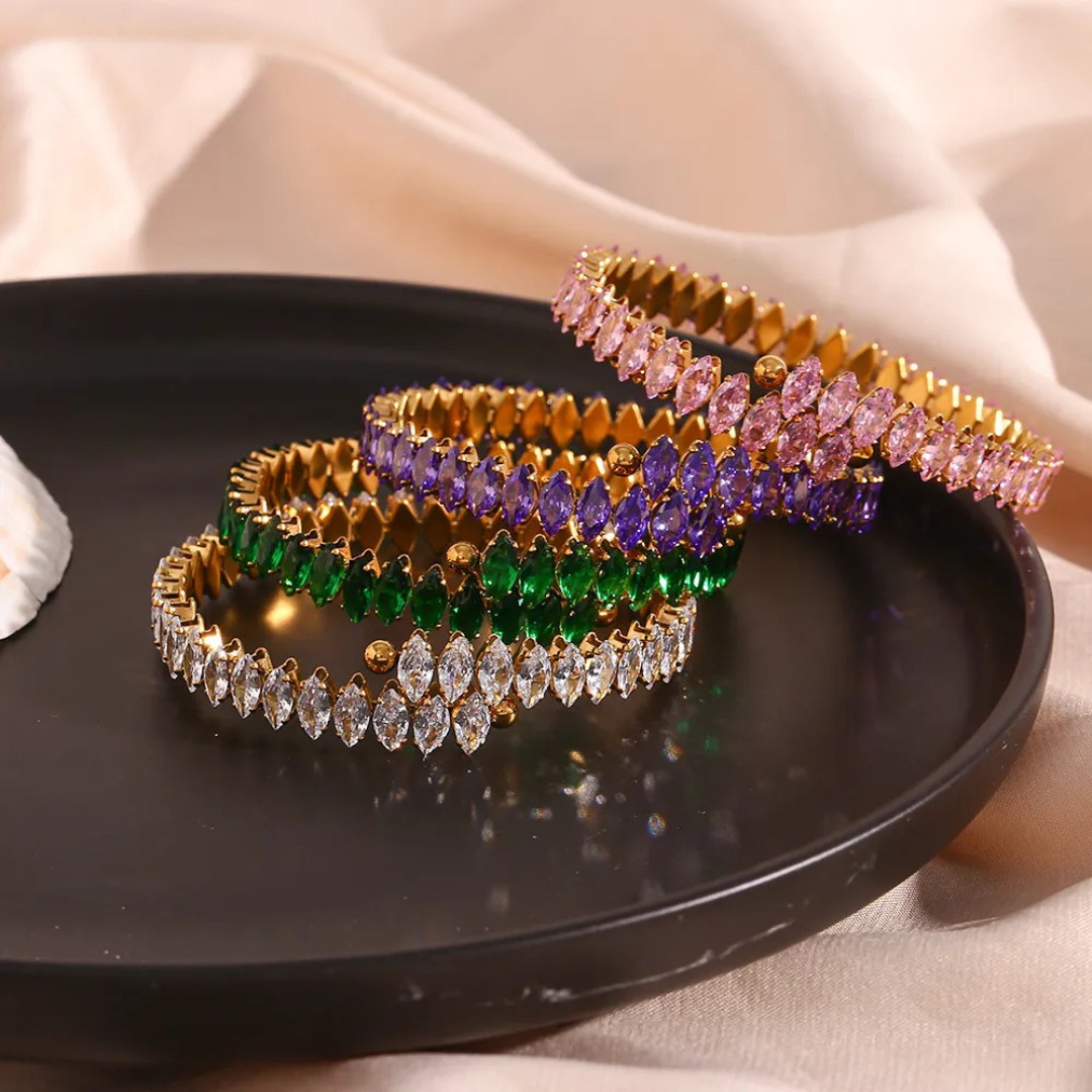 Valantomode | Plated Marquise Cuff Bracelet with Refractive Stone Architecture and Adjustable Geometry