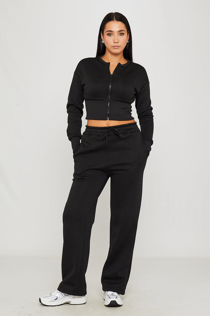 Valantomode | Stylish Black Zip Jacket & Joggers Set with Cinched Waist