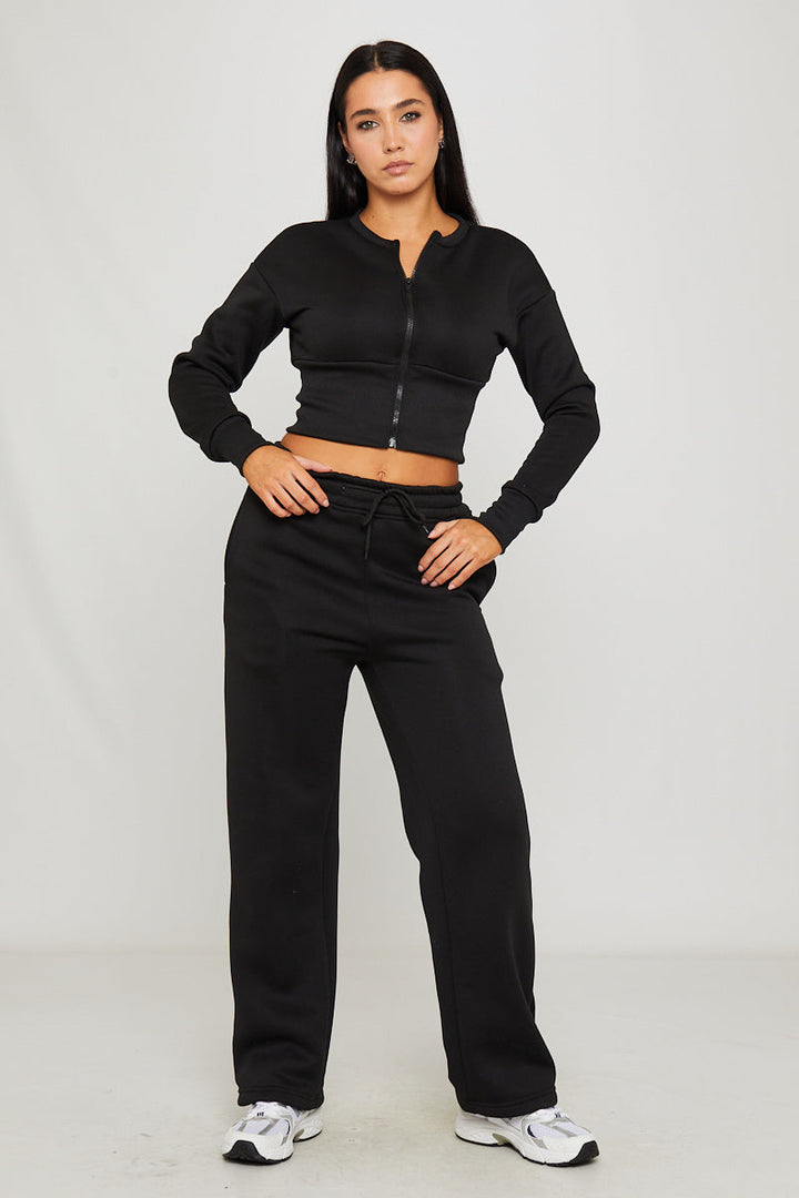 Valantomode | Stylish Black Zip Jacket & Joggers Set with Cinched Waist