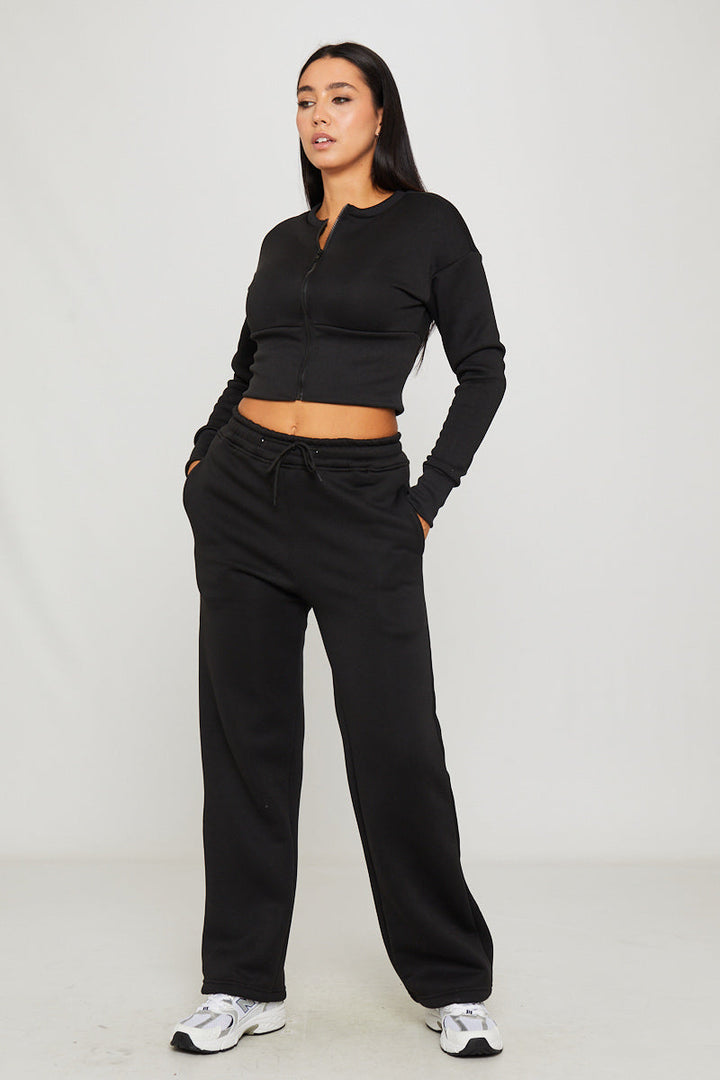 Valantomode | Stylish Black Zip Jacket & Joggers Set with Cinched Waist