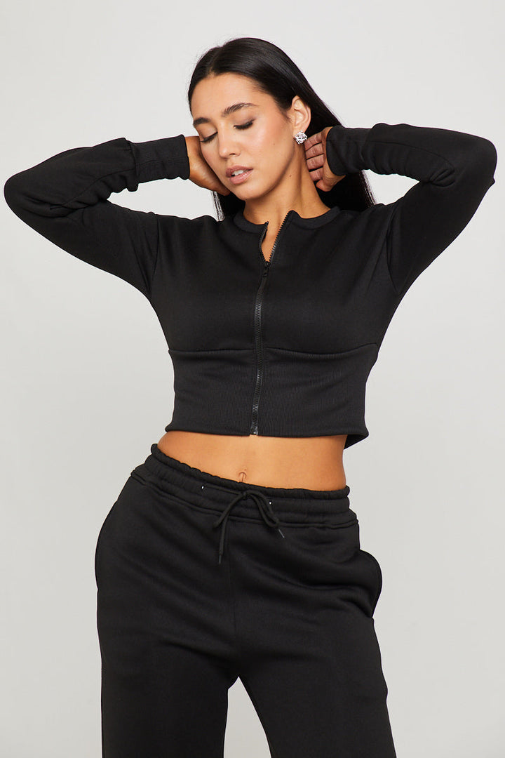 Valantomode | Stylish Black Zip Jacket & Joggers Set with Cinched Waist