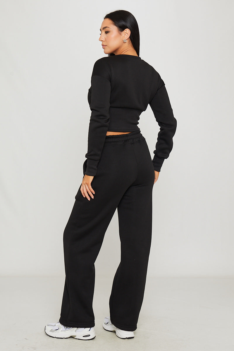 Valantomode | Stylish Black Zip Jacket & Joggers Set with Cinched Waist