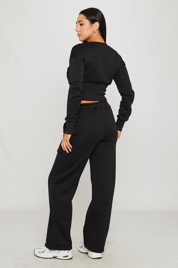 Valantomode | Stylish Black Zip Jacket & Joggers Set with Cinched Waist