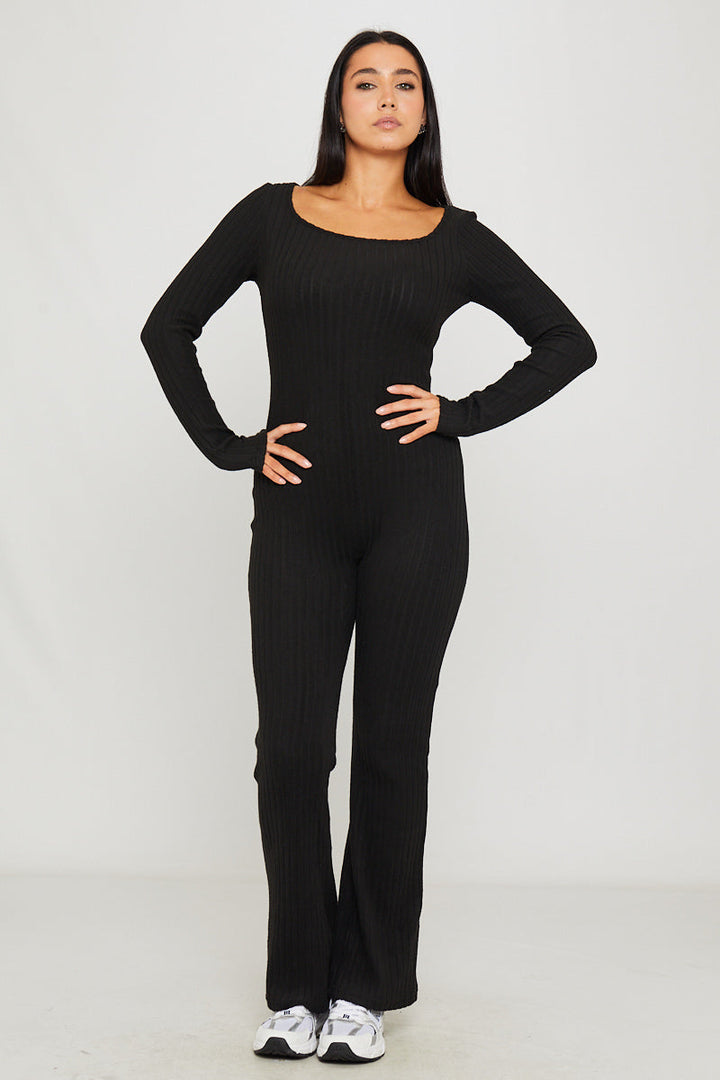 Valantomode | Chic Black Ribbed Square Neck Long Sleeve Jumpsuit