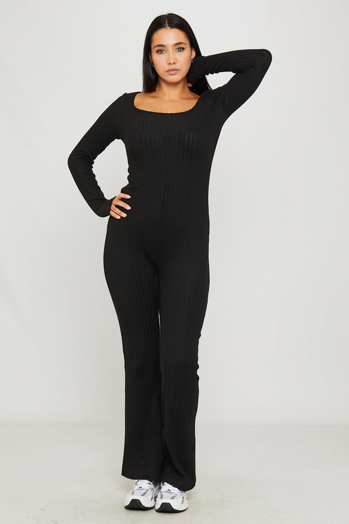 Valantomode | Chic Black Ribbed Square Neck Long Sleeve Jumpsuit