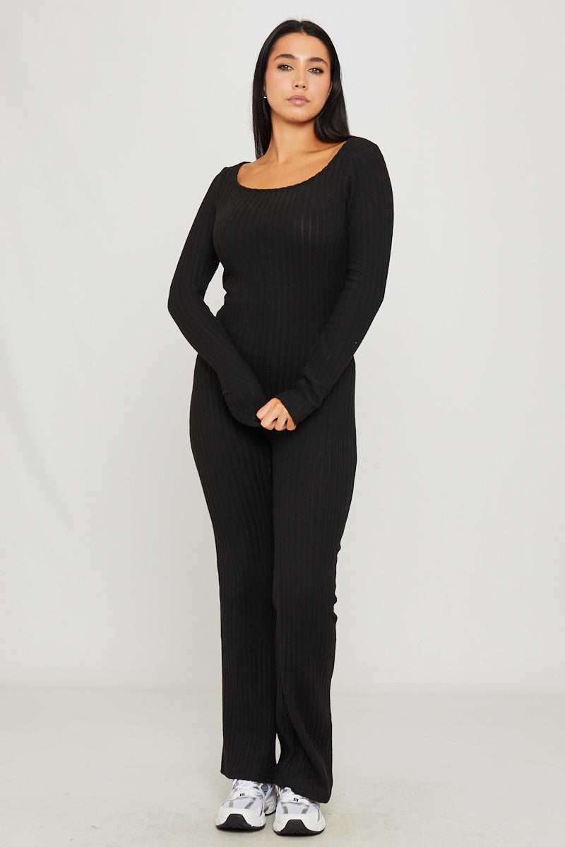 Valantomode | Chic Black Ribbed Square Neck Long Sleeve Jumpsuit