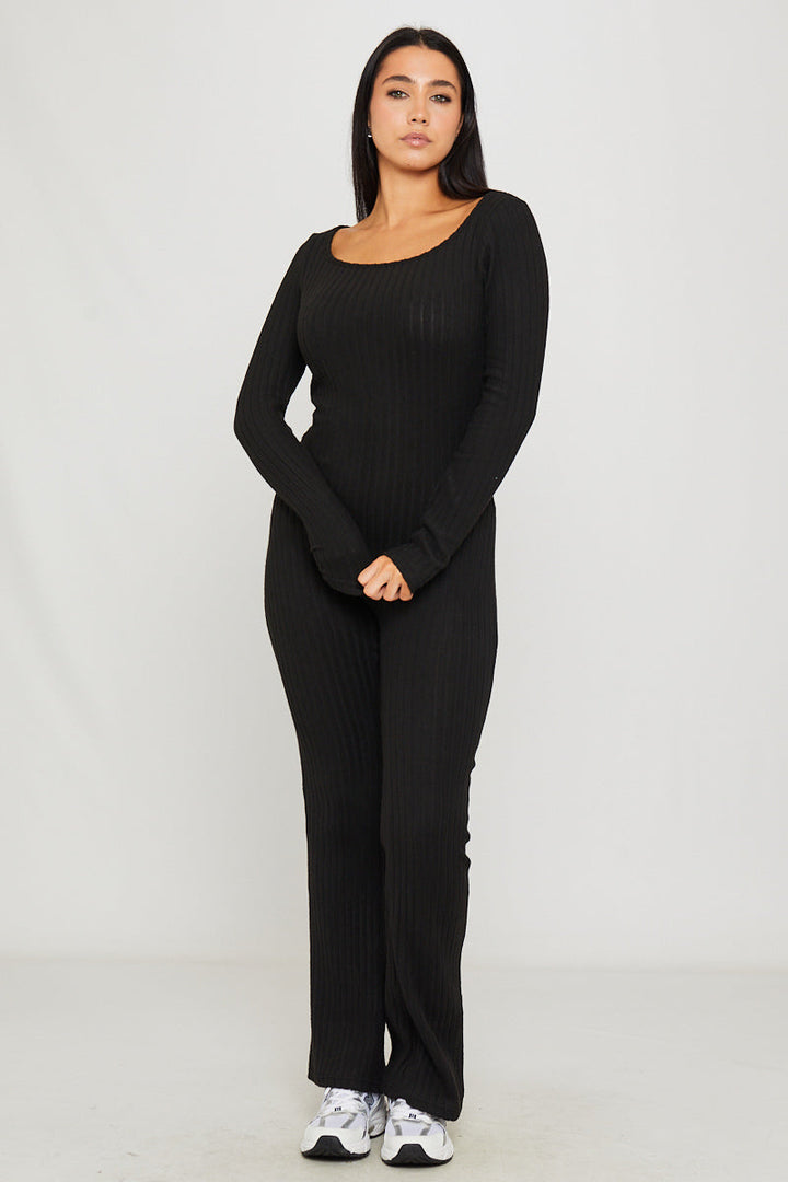Valantomode | Chic Black Ribbed Square Neck Long Sleeve Jumpsuit