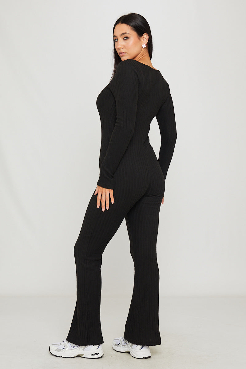 Valantomode | Chic Black Ribbed Square Neck Long Sleeve Jumpsuit