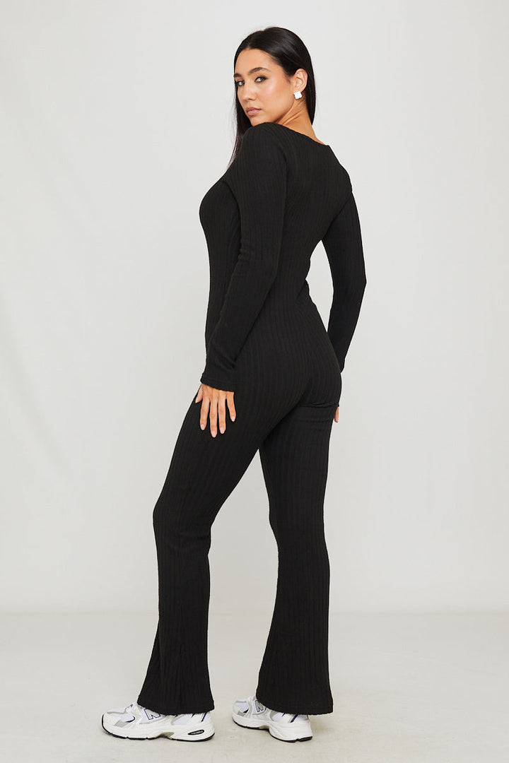 Valantomode | Chic Black Ribbed Square Neck Long Sleeve Jumpsuit