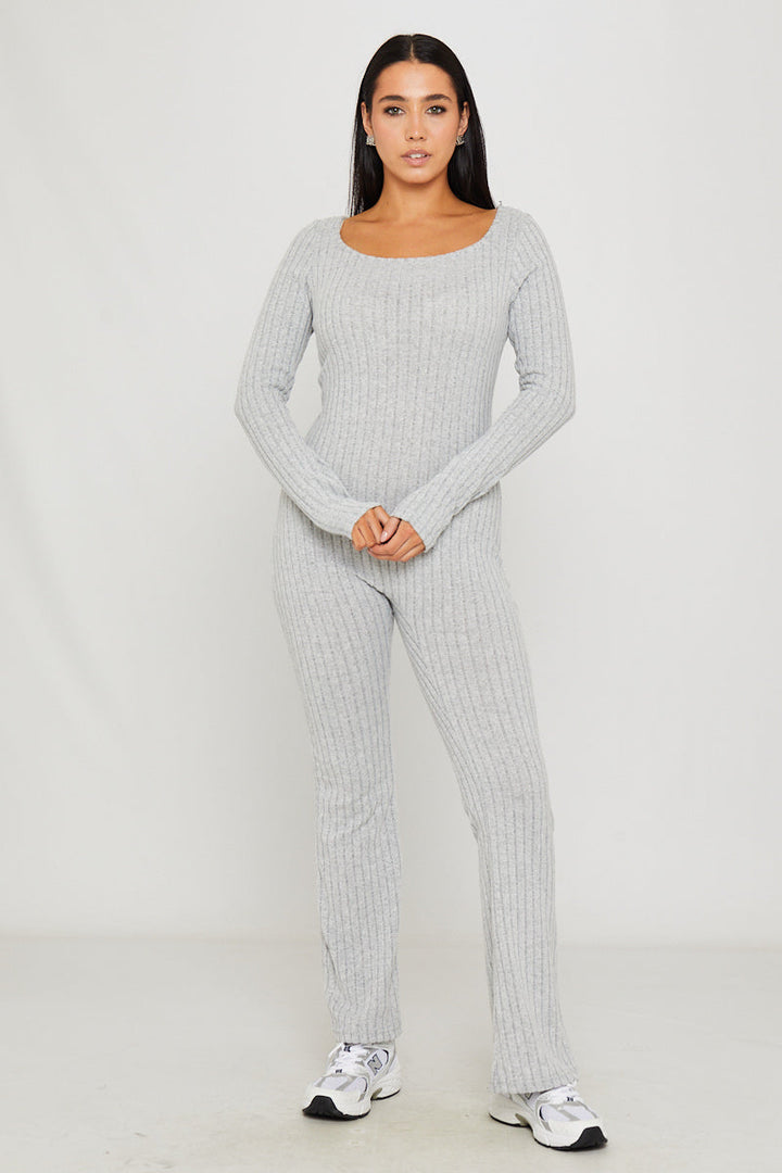 Valantomode | Chic Light Grey Ribbed Square Neck Long Sleeve Jumpsuit