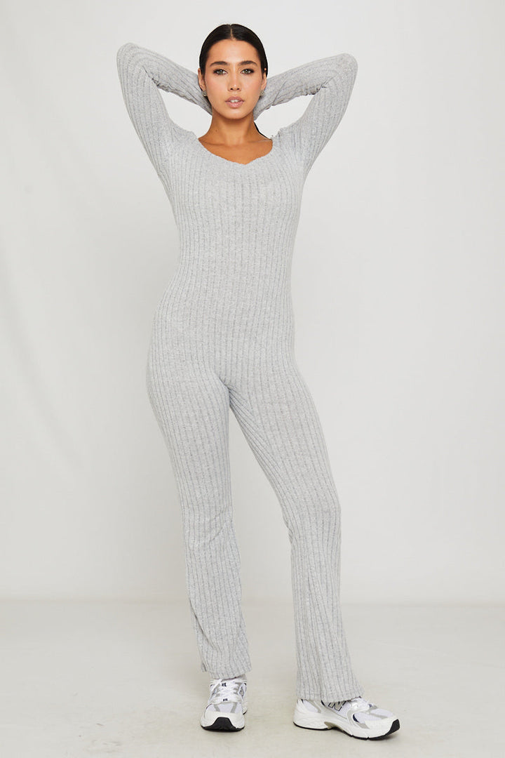 Valantomode | Chic Light Grey Ribbed Square Neck Long Sleeve Jumpsuit