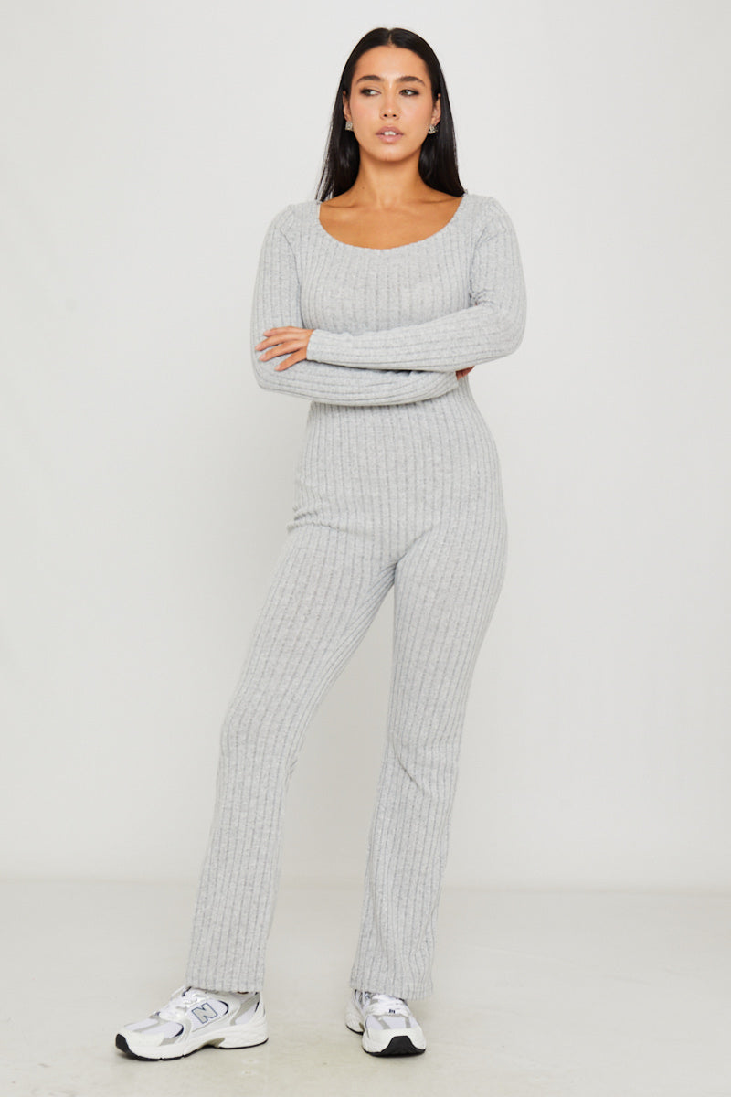 Valantomode | Chic Light Grey Ribbed Square Neck Long Sleeve Jumpsuit