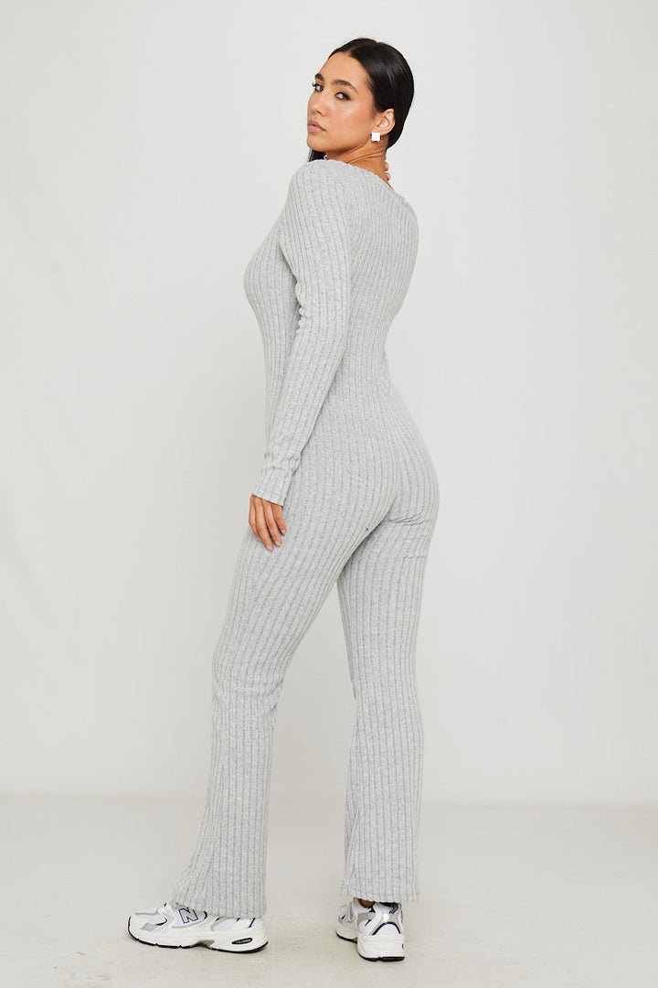 Valantomode | Chic Light Grey Ribbed Square Neck Long Sleeve Jumpsuit