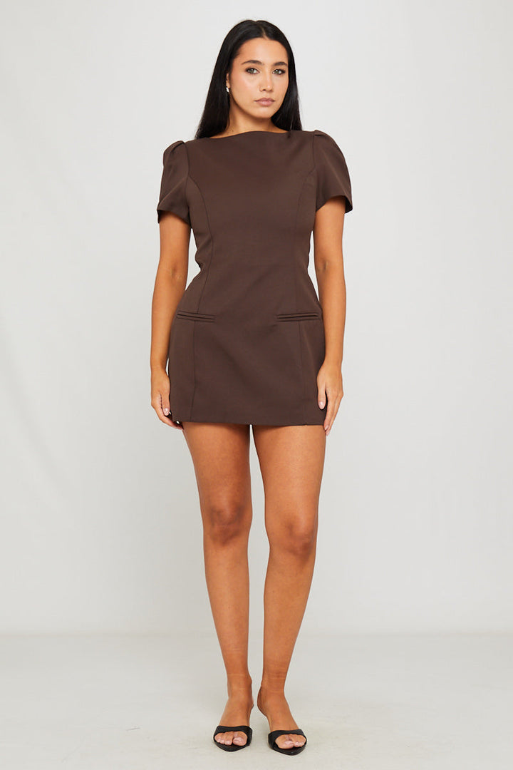 Valantomode | Chic Brown Pleated Pocket Mini Dress with Short Sleeves
