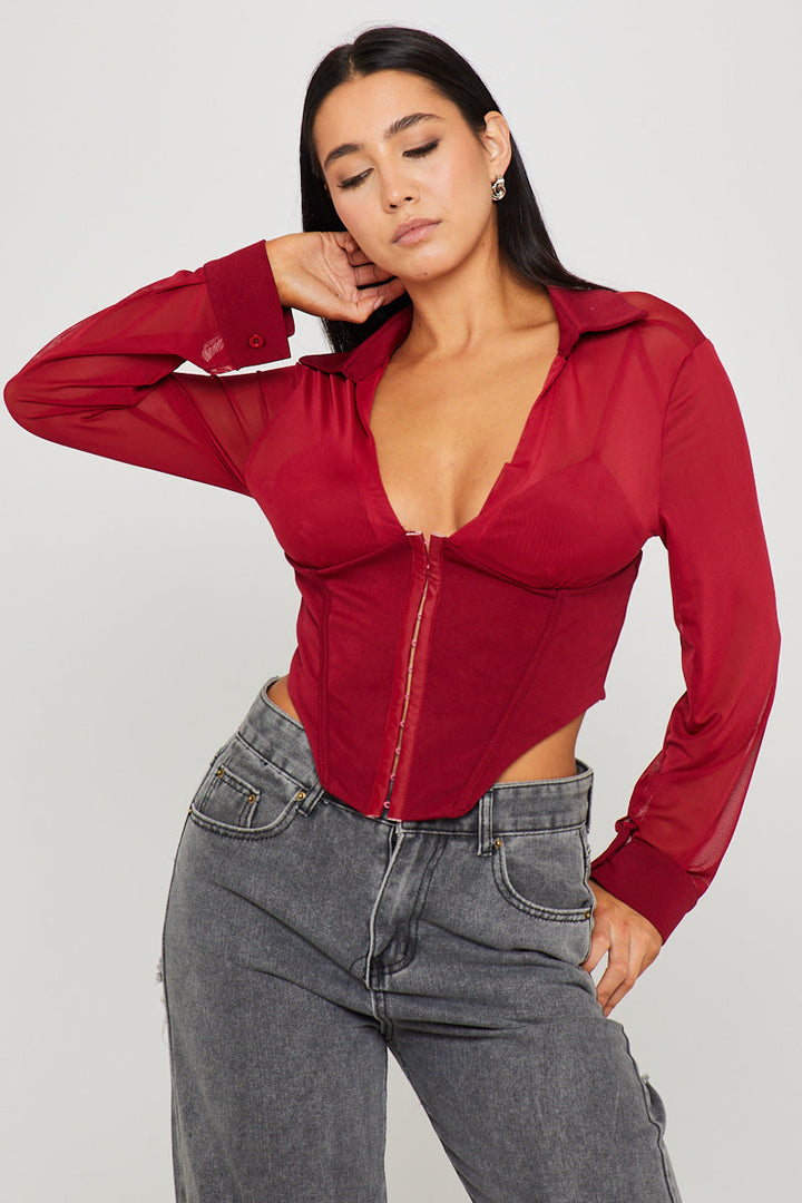 Valantomode | Elegant Burgundy Sheer Long Sleeve Corset Top