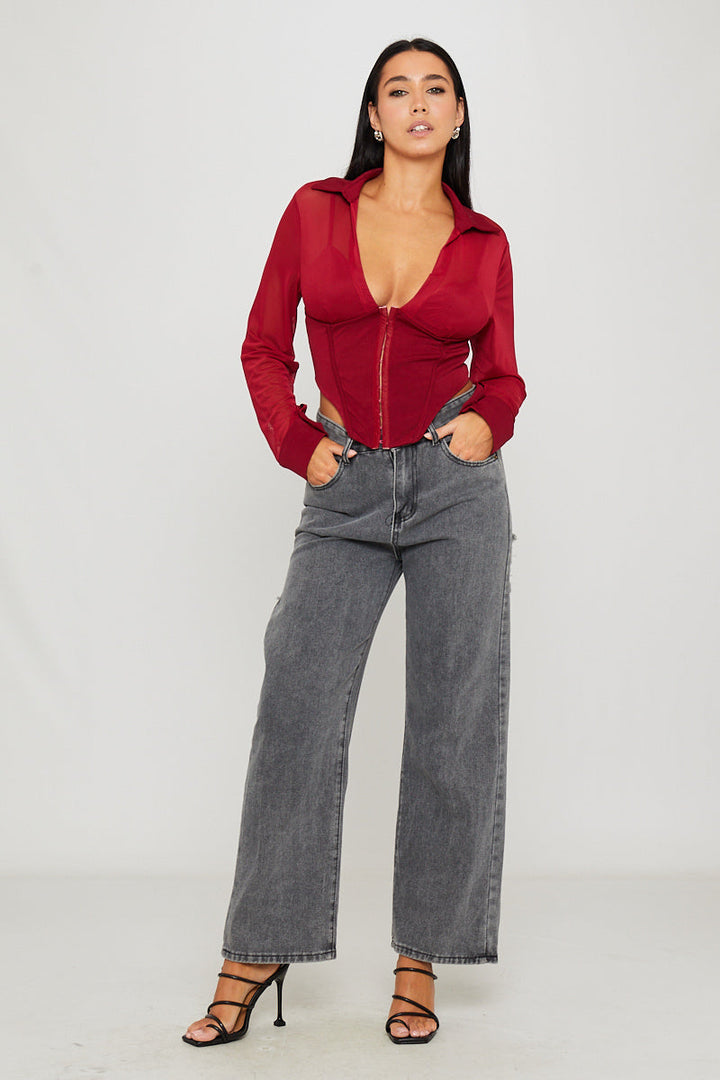 Valantomode | Elegant Burgundy Sheer Long Sleeve Corset Top