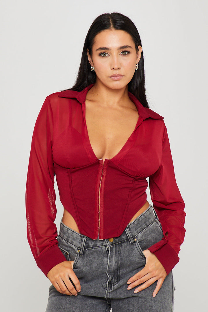 Valantomode | Elegant Burgundy Sheer Long Sleeve Corset Top