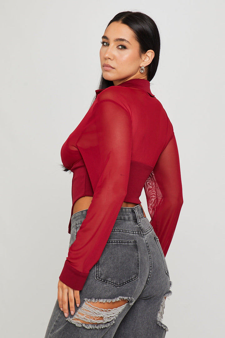 Valantomode | Elegant Burgundy Sheer Long Sleeve Corset Top