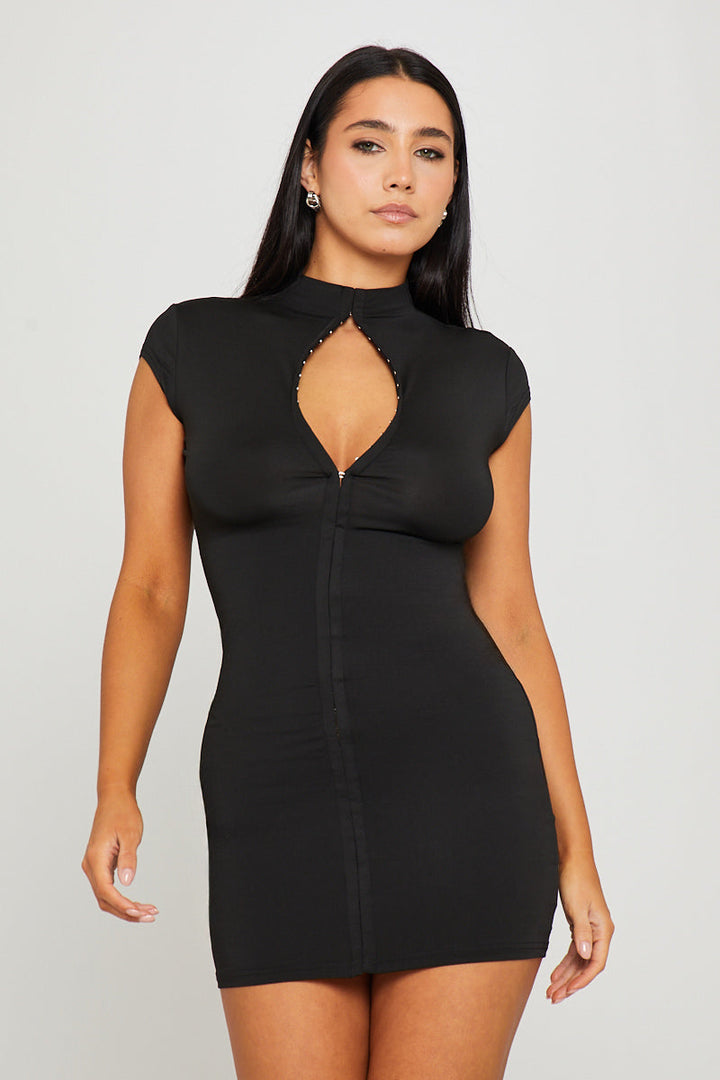Valantomode | Chic Black Bodycon Mini Dress with High Neck & Hook Detail