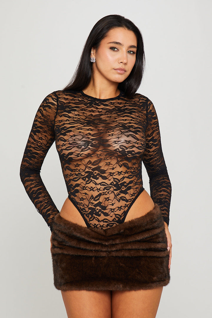 Valantomode | Elegant Black Lace Long Sleeve High Leg Bodysuit