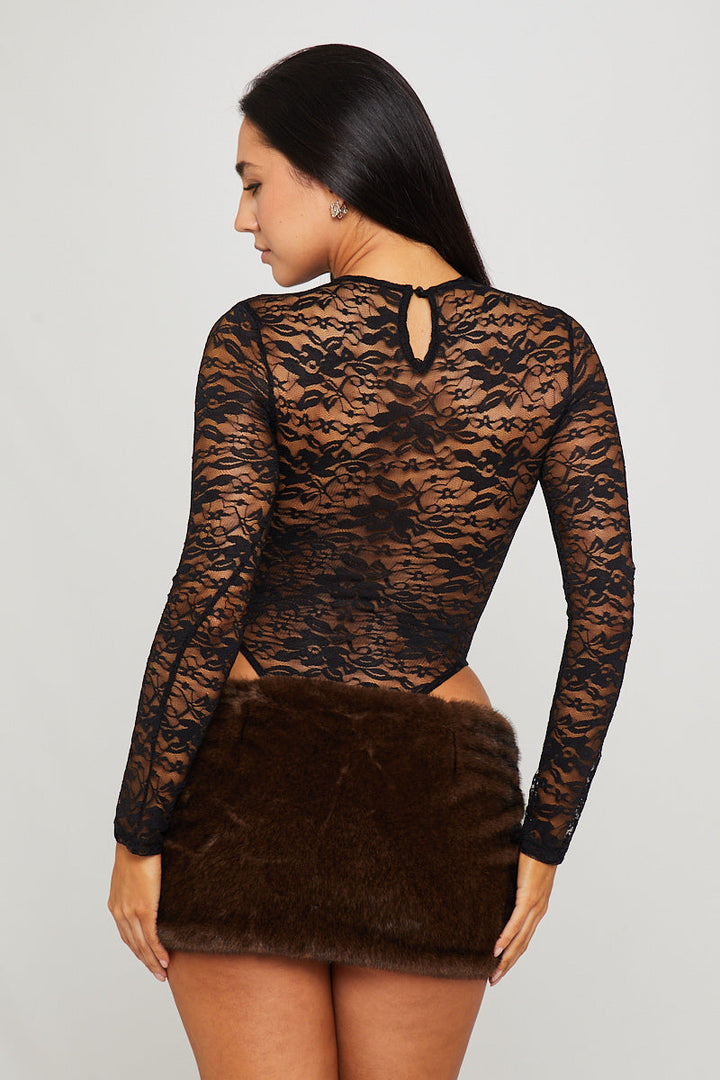 Valantomode | Elegant Black Lace Long Sleeve High Leg Bodysuit