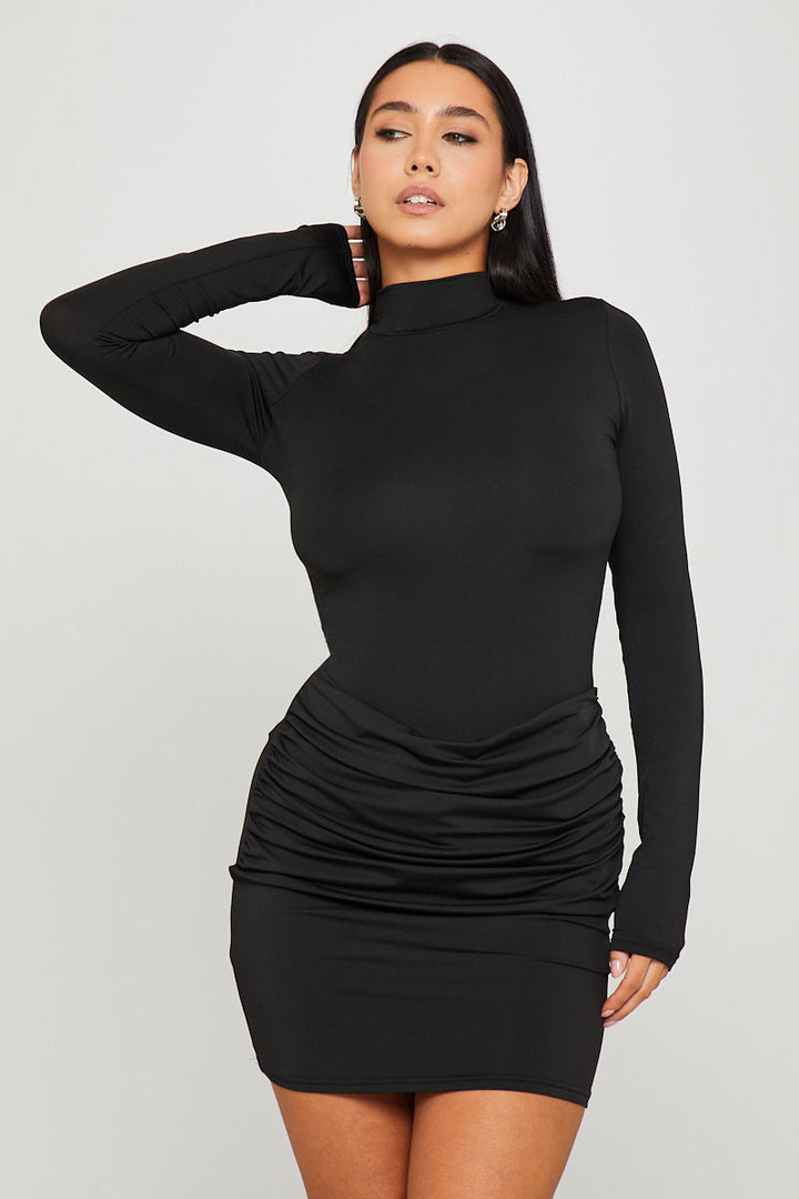 Valantomode | Chic Black Draped Mini Dress with High Neck & Long Sleeves
