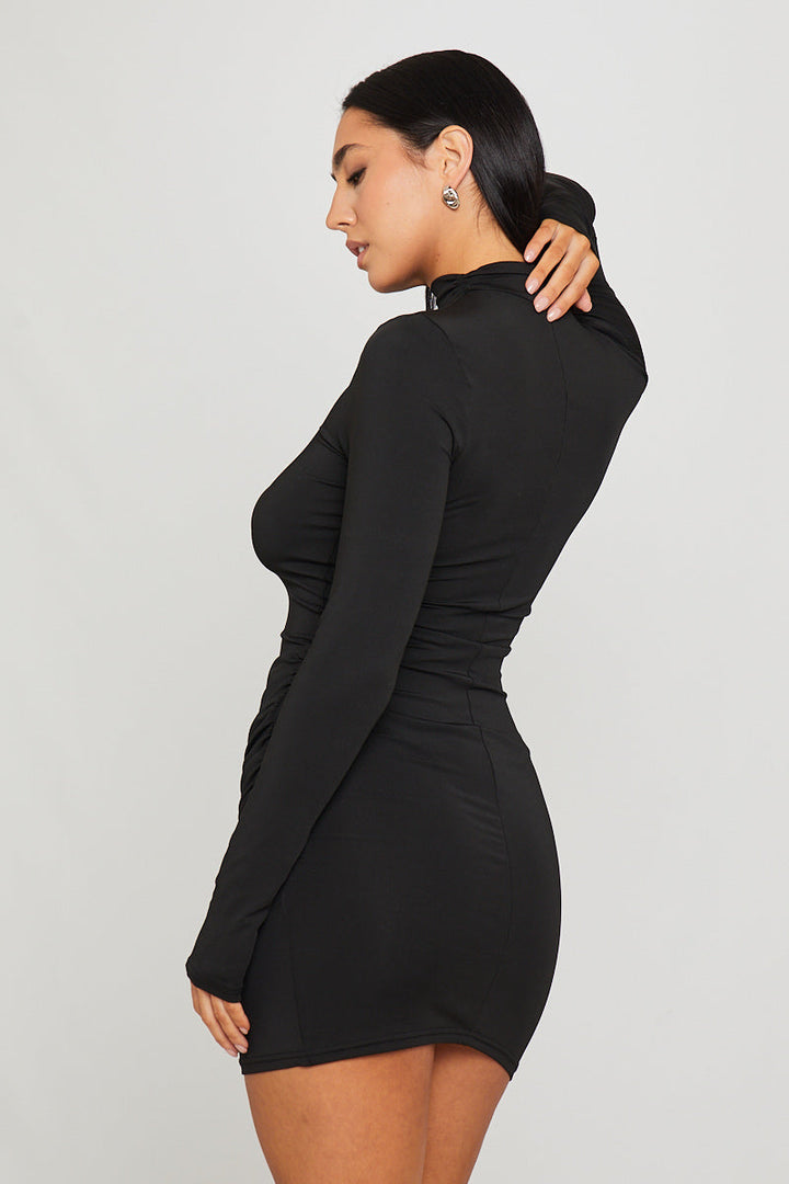 Valantomode | Chic Black Draped Mini Dress with High Neck & Long Sleeves